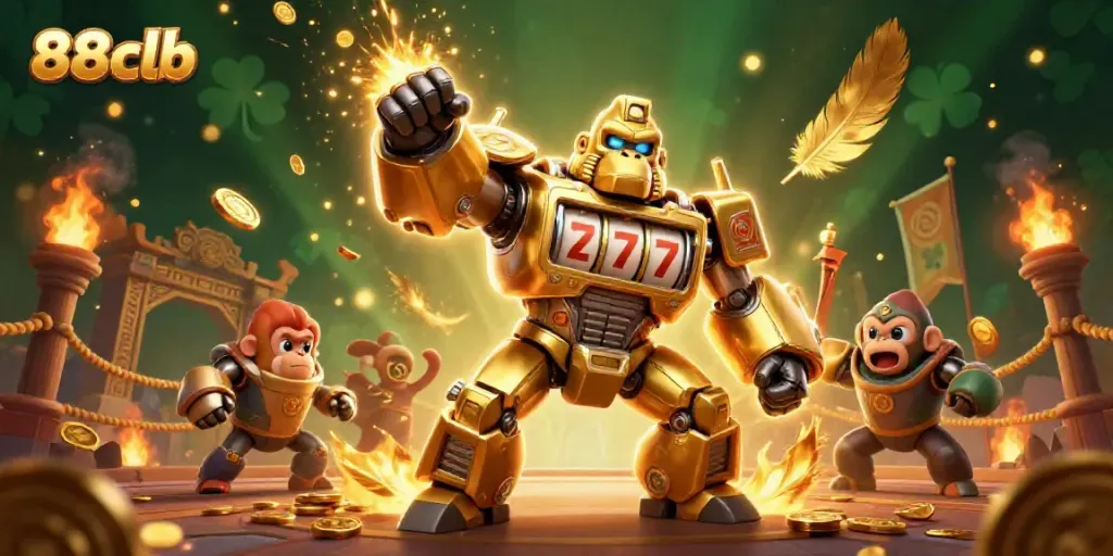 Engage in thrilling gaming at 88clb, featuring 3D cartoon gorilla mech and vibrant casino elements.