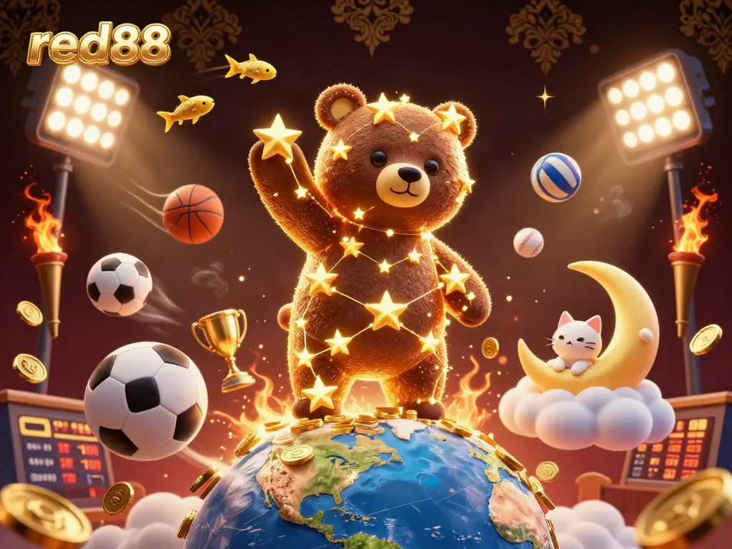 Experience thrilling gaming with red88, where constellation characters interact with dynamic sports elements and golden coins.