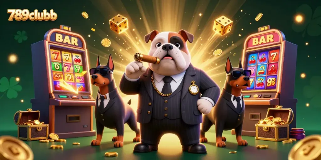 Experience thrilling gaming action at 789clubb with a joyful jackpot celebration scene featuring a bulldog mafia boss.