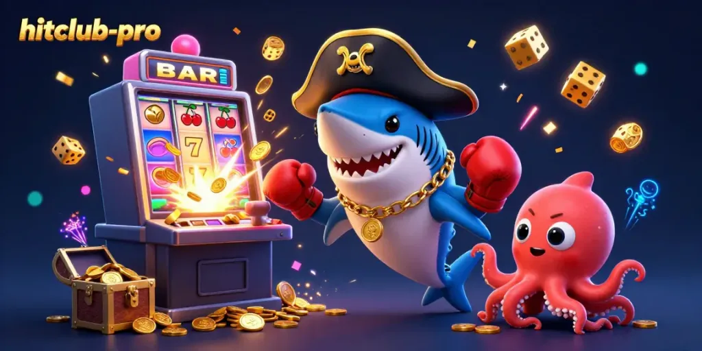 Experience the thrill of hitclub-pro with a dynamic illustration of casino-themed characters and elements.
