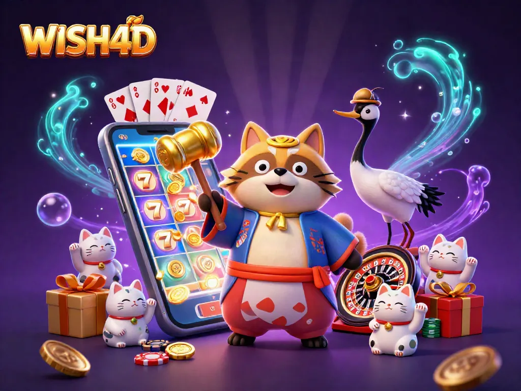 WISH4D brings gamers luck with cheerful tanuki, mobile slot game, and fortune cats illustration.