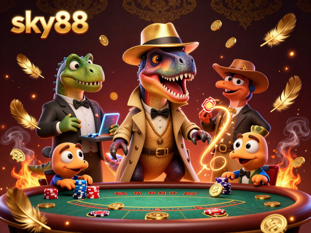 Sky88 casino action with a cartoon velociraptor card counter at a blackjack table amidst gold coins.