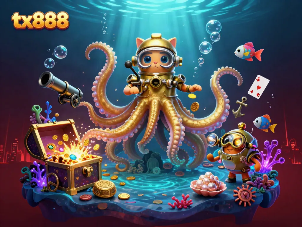 Engage in thrilling adventures with tx888 in this animated underwater casino scene.