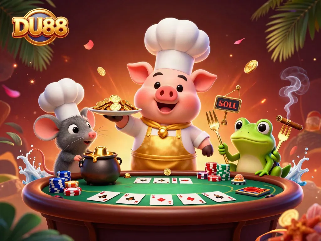 Engage in thrilling gameplay at DU88 with a chef pig serving gold coins amidst poker excitement.