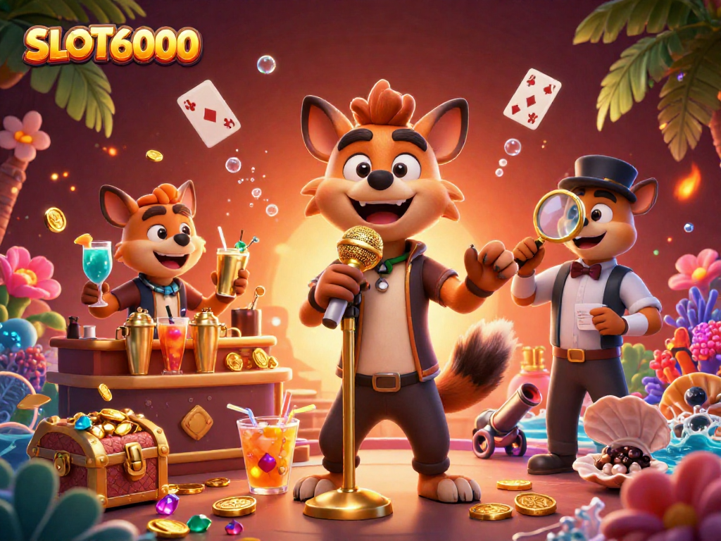 SLOT6000 energizes players with hyena characters in a lively casino scene, featuring games, gold coins, and vibrant colors.