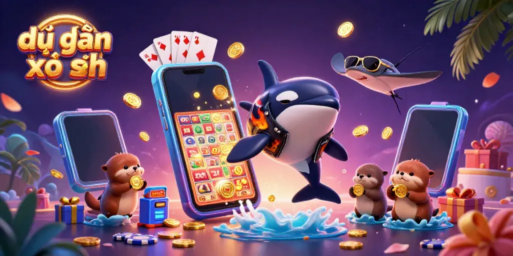 Engage in dự đoán xổ số with vibrant 3D characters enjoying lottery excitement, highlighted with gaming elements.