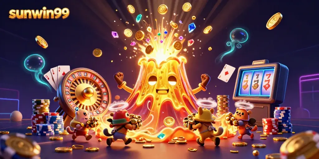 Experience thrilling gameplay with a golden volcano erupting coins at sunwin99 casino.