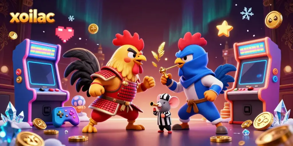 Xoilac fighting roosters in samurai and ninja costumes amid vibrant gaming decor and golden coins.