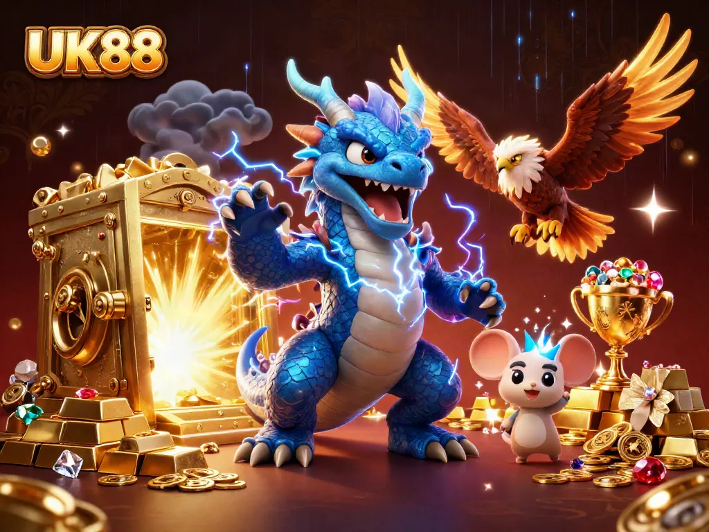 Bet on UK88's thrilling adventures with a powerful dragon and mystical creatures, showcasing a vibrant casino atmosphere.