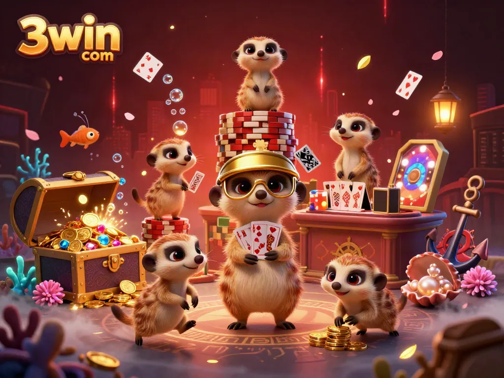 Engage in excitement at 3win com with meerkats running a vibrant casino operation surrounded by treasures and gambling elements.