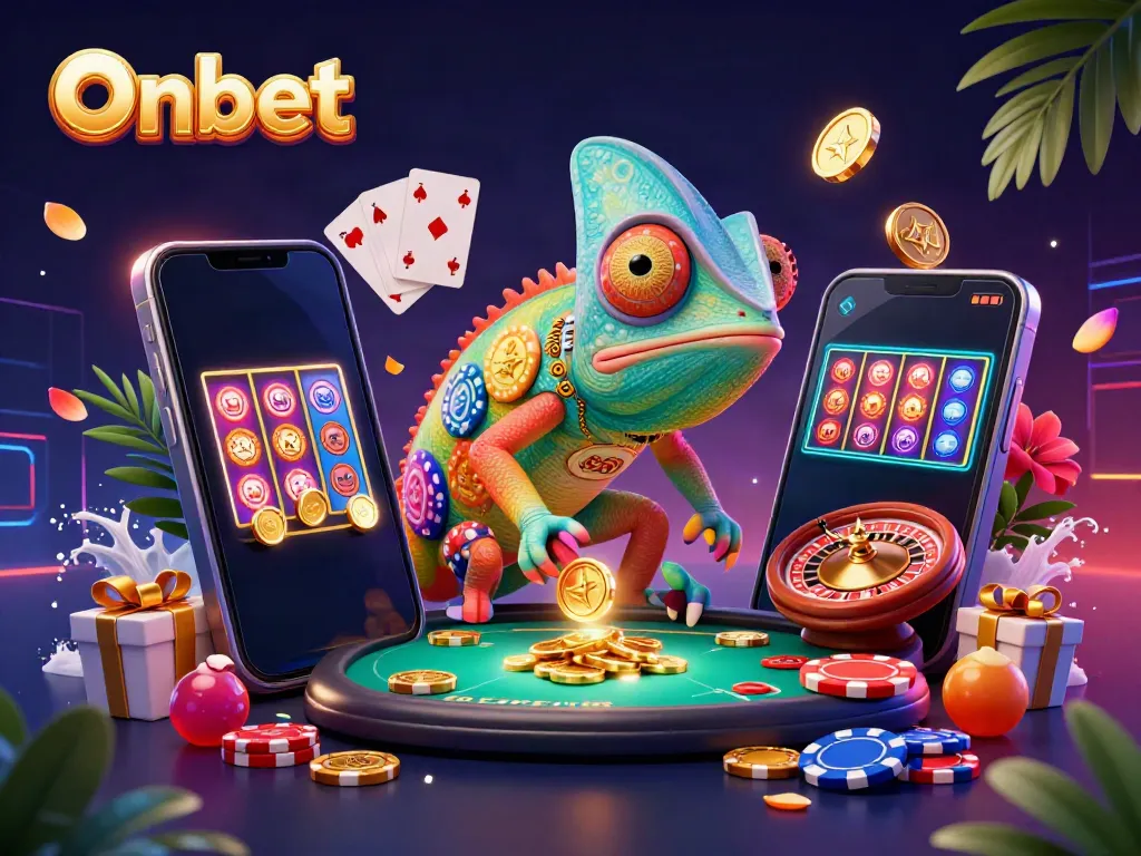 Experience vibrant gaming action with Onbet, where a chameleon casino owner captures golden coins amidst thrilling games.