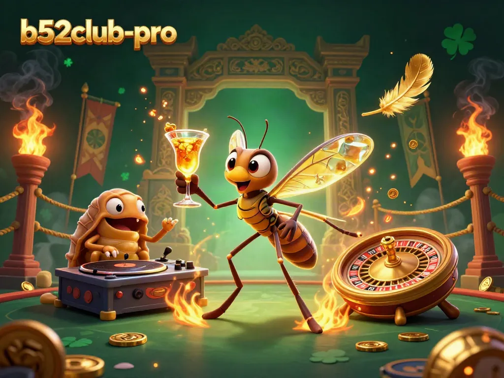 Engage with b52club-pro's thrilling casino scene showcasing a lively frozen-in-amber mosquito mascot and a trilobite DJ.