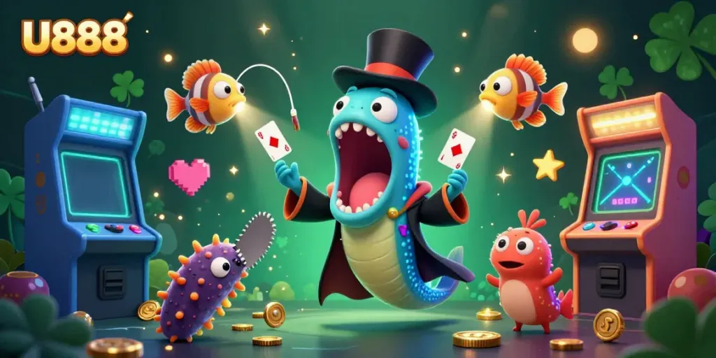 Experience thrilling games at U888 with vibrant visuals and dynamic characters in a 3D casino setting.