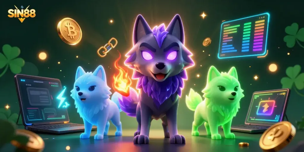 Engage with SIN88's dynamic 3D illustration featuring glowing spectral wolves and crypto coins.