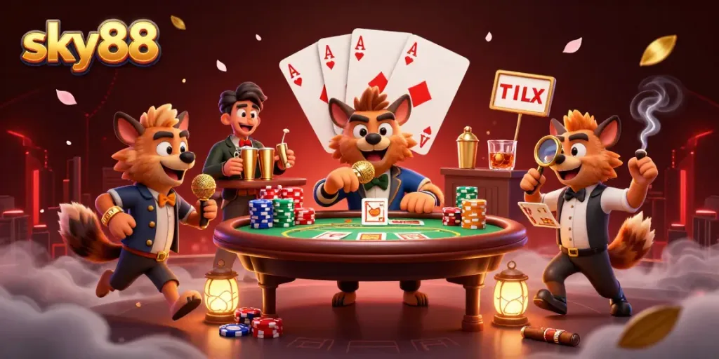 Engage in exciting gameplay at sky88 with hyenas in a vibrant 3D casino scene.