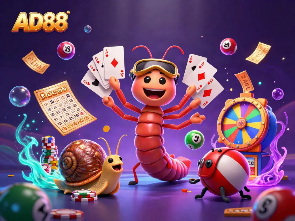 Experience the vibrant world of AD88 with a colorful 3D casino scene featuring unique characters and dynamic gaming elements.