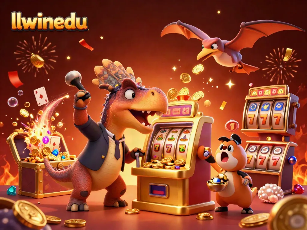 llwinedu showcases a colorful scene with a dinosaur winning a casino jackpot, capturing the excitement of gaming.