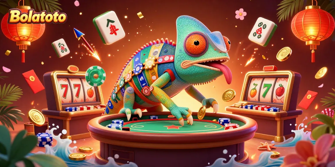 Engage with Bolatoto at the vibrant casino scene featuring a chameleon owner amidst gaming elements.