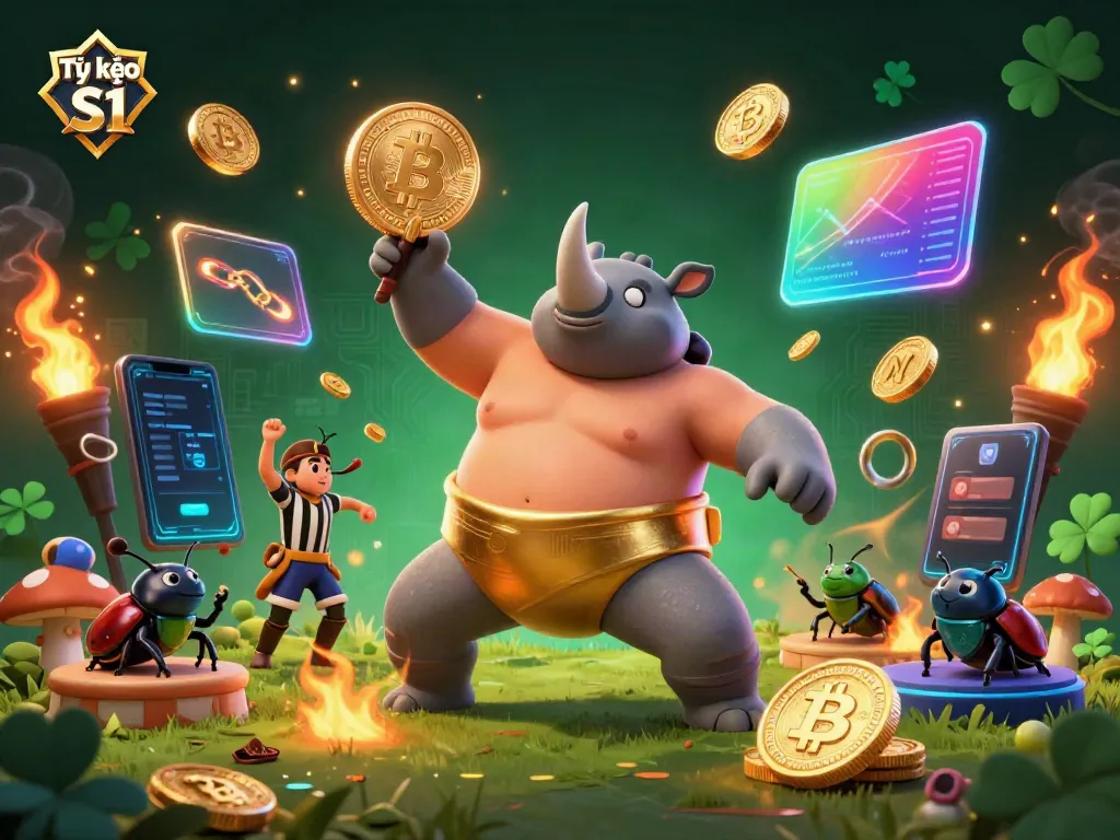 Tỷ lệ kèo S1 highlights a victorious sumo beetle champion amidst flying coins in an energetic scene.