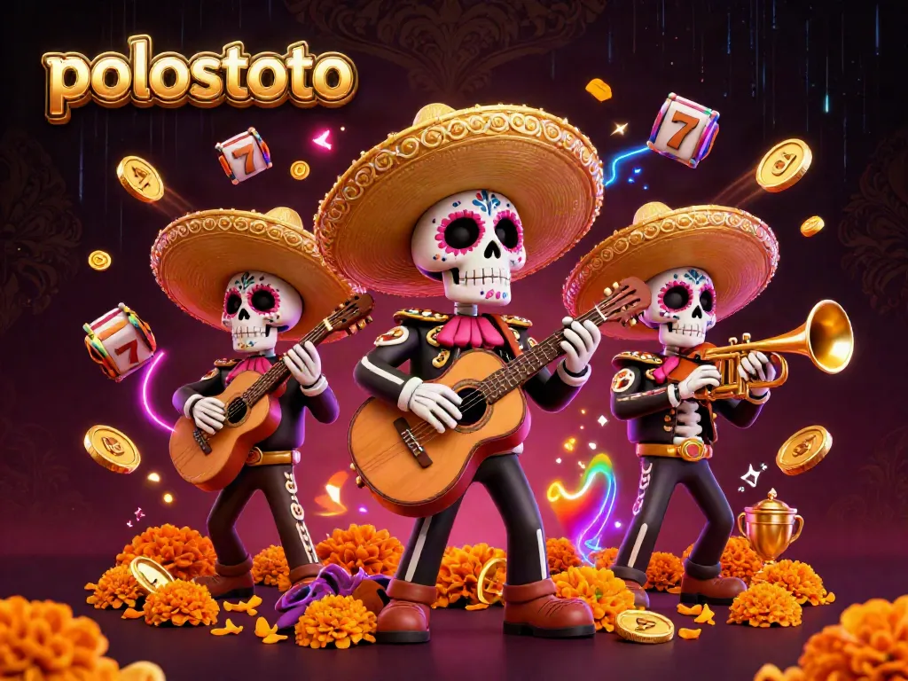 Experience the excitement at polostoto with a vivid Day of the Dead-themed mariachi band and vibrant slot elements.