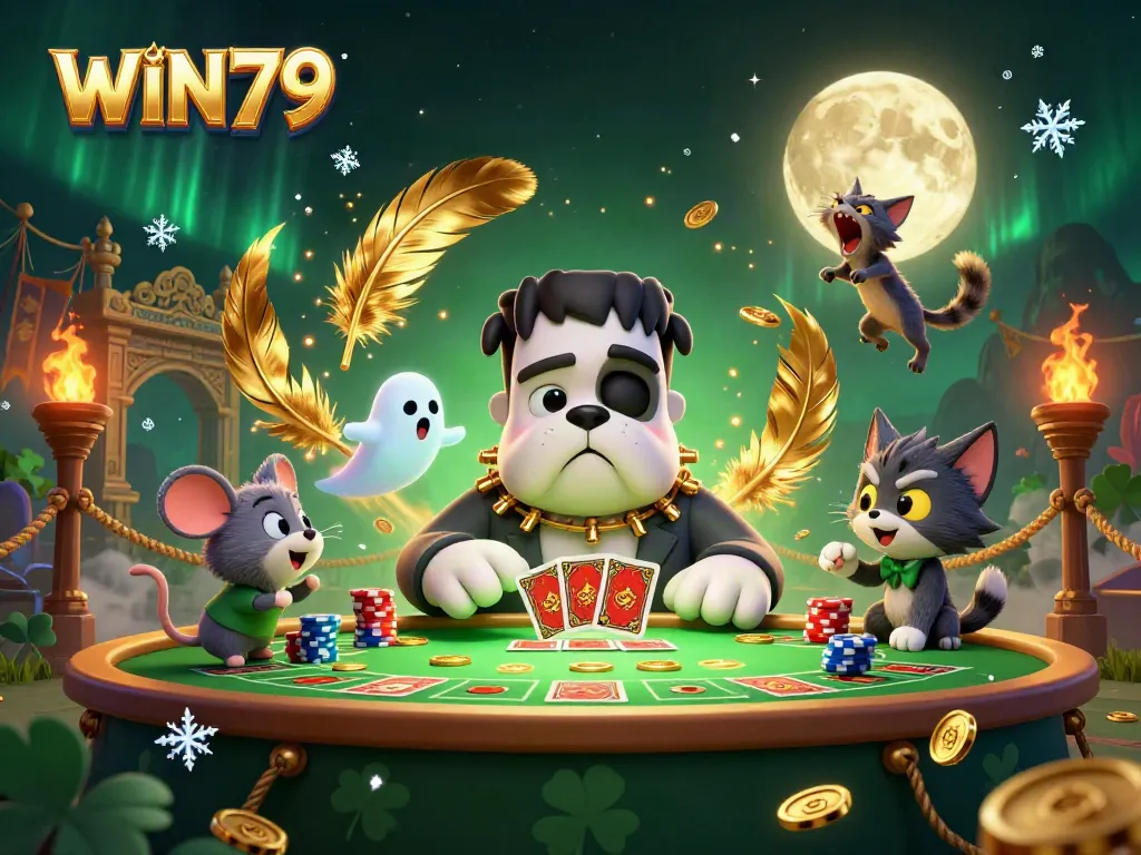 Win79 features a 3D cartoon Frankenstein bulldog and characters enjoying a thrilling casino game.