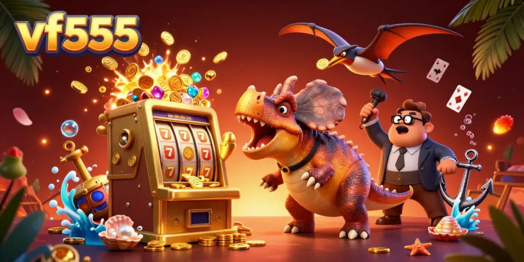 Experience the excitement of vf555 with a cartoon dinosaur hitting a jackpot slot machine.