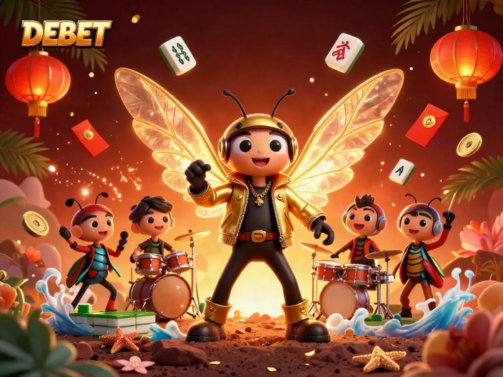 Experience the thrill of DEBET with a vibrant 3D illustrated casino scene featuring unique characters.