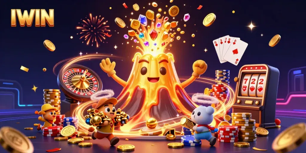 IWIN ignites excitement with a vibrant 3D casino scene featuring a golden volcano and treasures.
