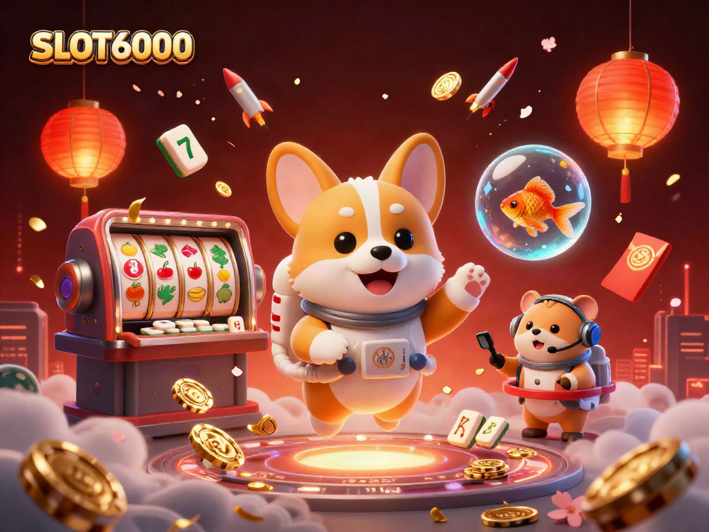 SLOT6000 enhances your gambling experience with vibrant slot reels and dynamic 3D characters in a casino-themed scene.
