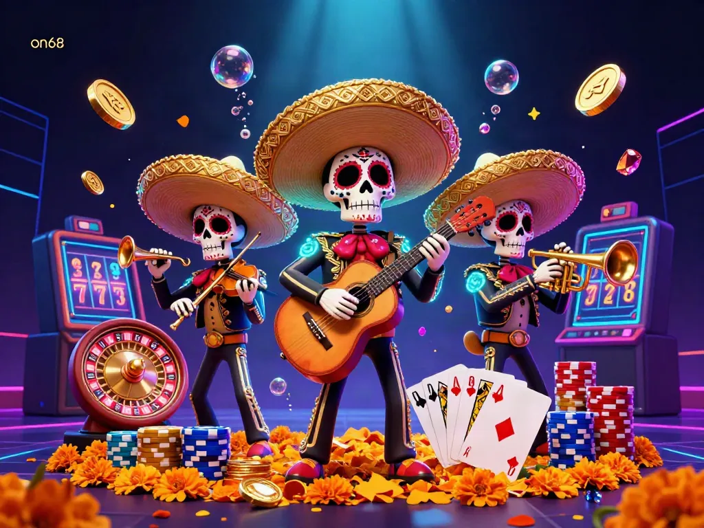 Engage with on68's thrilling casino scene featuring Day of the Dead skeletons immersed in gaming excitement.