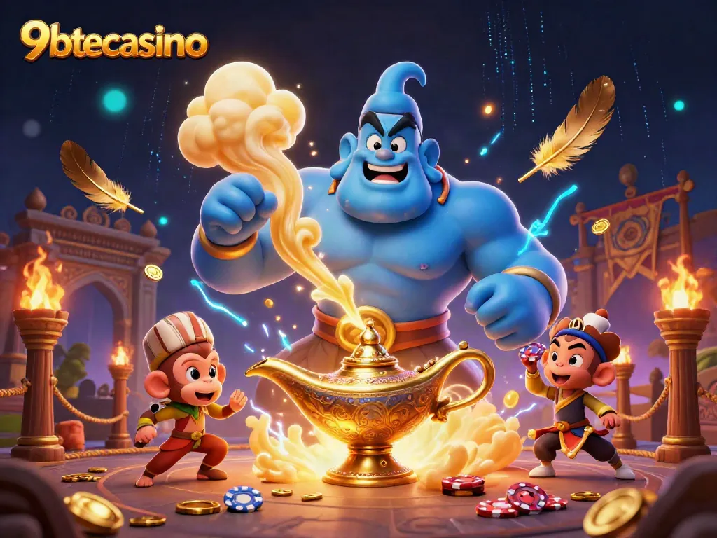 Engage in thrilling gameplay with 9betcasino featuring a vibrant genie and magic elements.