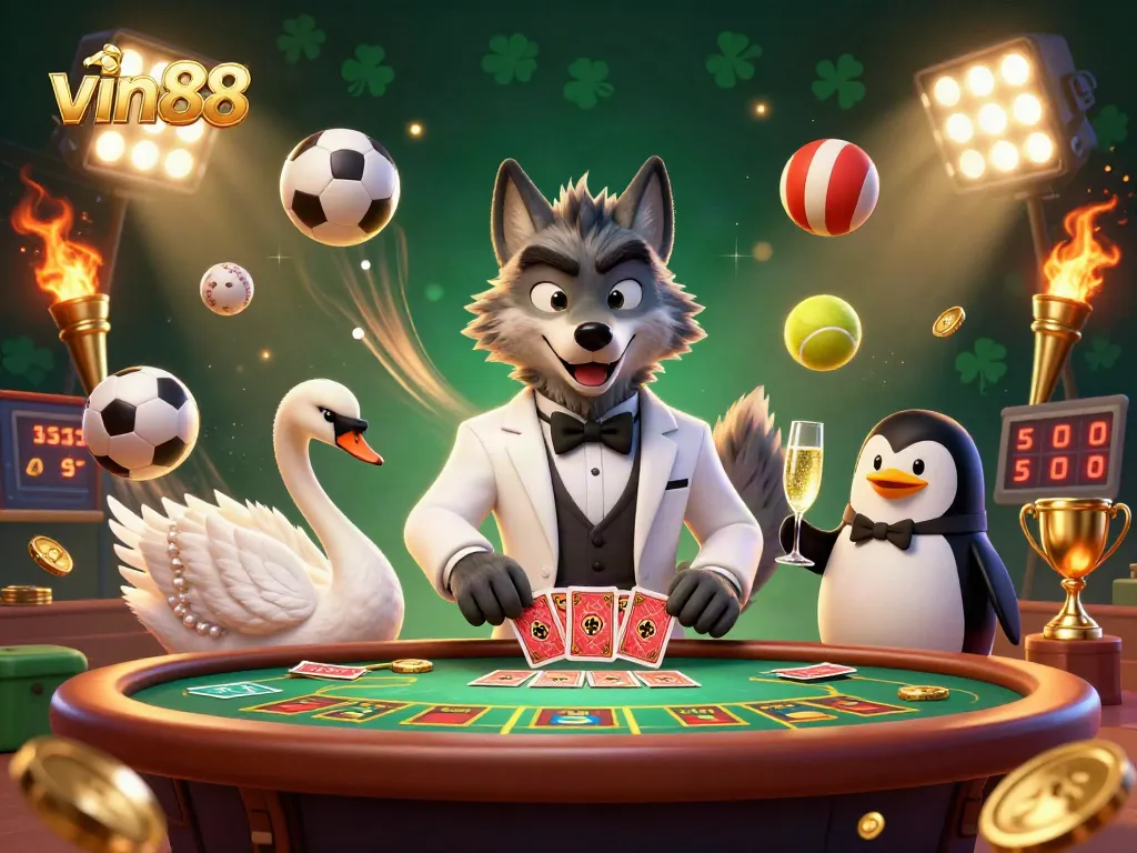 Experience vin88 excitement with a debonair wolf, elegant swan, and sophisticated penguin in a vibrant casino scene.