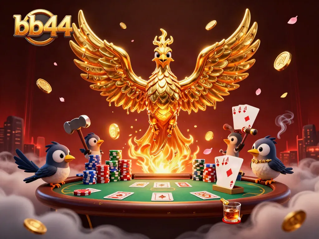 Experience the excitement of bb44 with a 3D golden phoenix amidst vibrant casino elements.