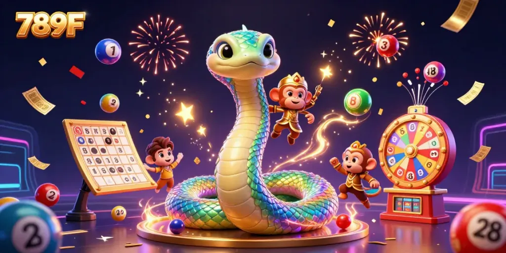 Experience the thrilling world of 789F with a vibrant 3D scene featuring a rainbow serpent and monkey king celebrating a jackpot.