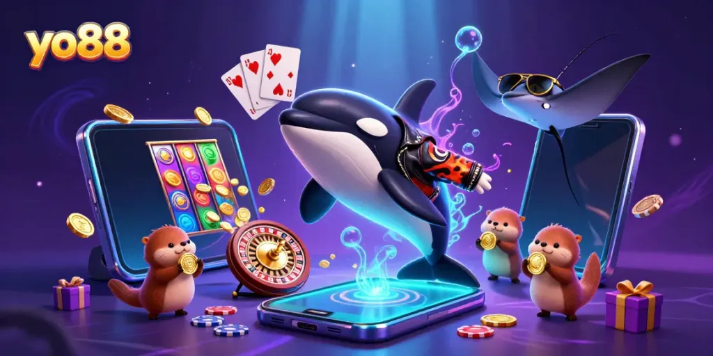 Experience joy and excitement at yo88 with a vibrant 3D underwater casino scene featuring playful characters and games.