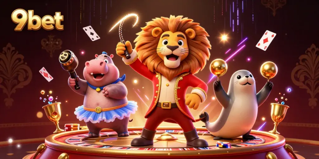 Experience thrilling gameplay with 9bet's lively casino characters amidst dazzling casino elements.
