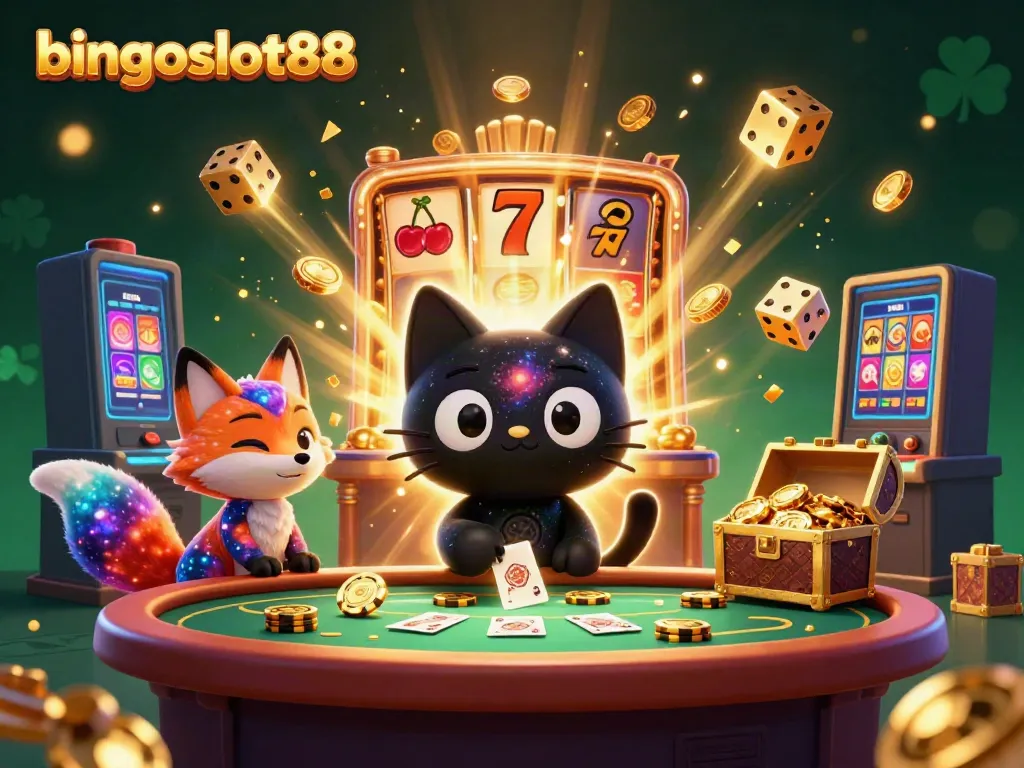 Permainan menarik di bingoslot88 dengan kucing lubang hitam dan simbol slot yang berwarna-warni.