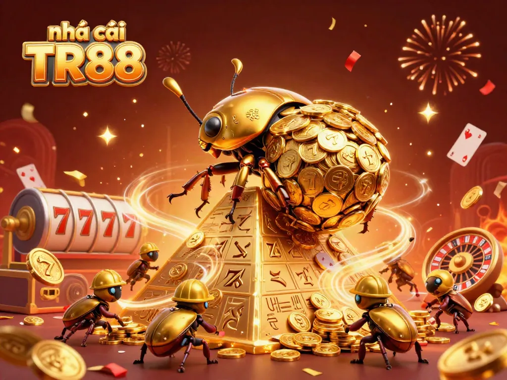Engaging scene of a golden dung beetle promoting Nhà cái TR88 with vibrant casino elements