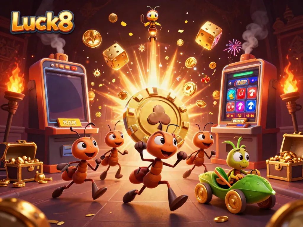 Experience Luck8 action with a team of ants racing for a massive golden poker chip amidst dazzling casino elements.