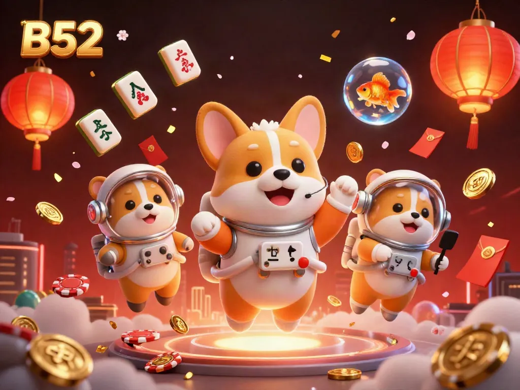 B52 casino scene featuring a cartoon corgi astronaut, a hamster, and a goldfish playing in a vibrant zero-gravity environment.