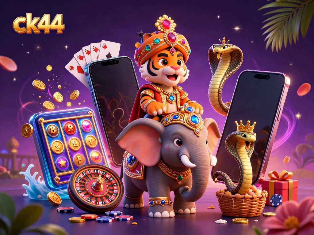 Experience ck44 with a vibrant scene of gaming excitement featuring colorful slot games, majestic animals, and dynamic casino elements.