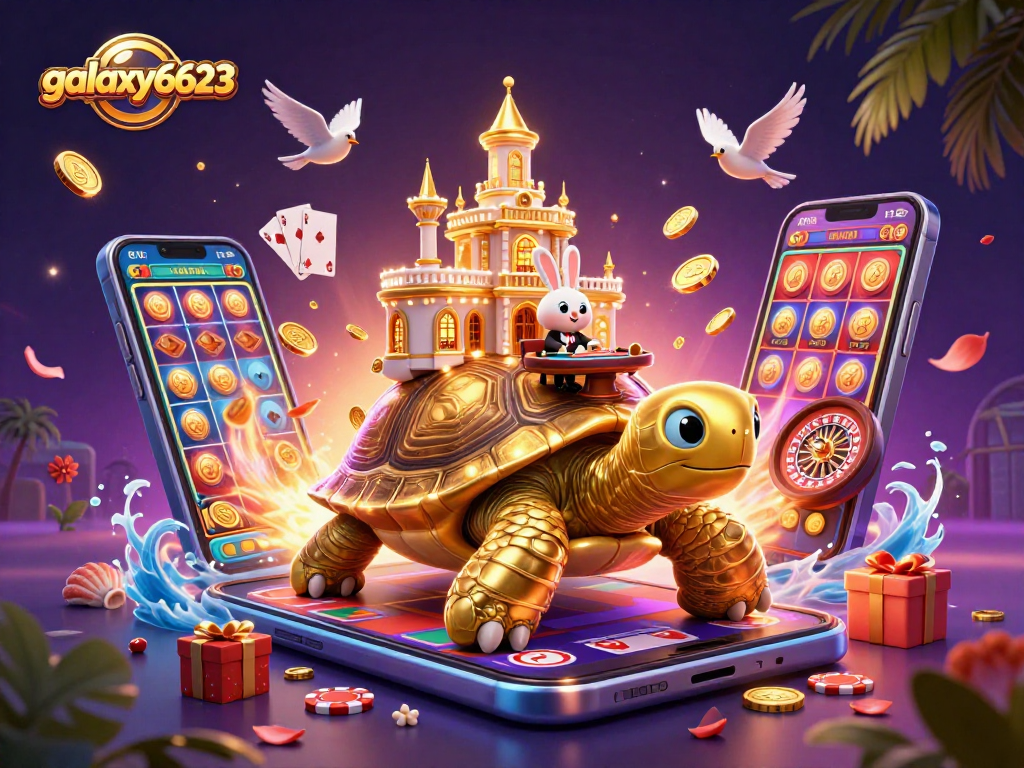 Join galaxy6623 for thrilling casino action with a golden tortoise and a rabbit dealer in a vibrant scene.