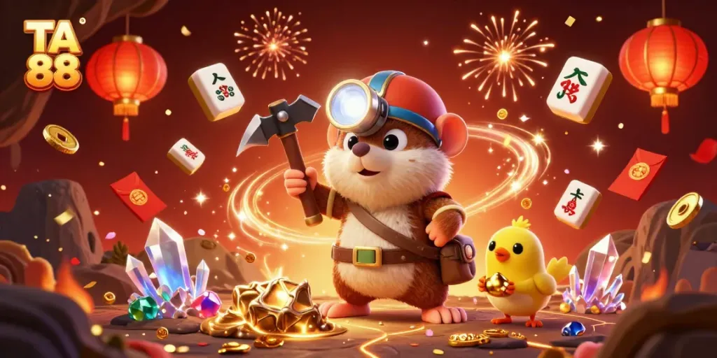 Experience thrilling gaming action with TA 88 as a treasure hunter mole mines gems surrounded by celebratory casino elements.