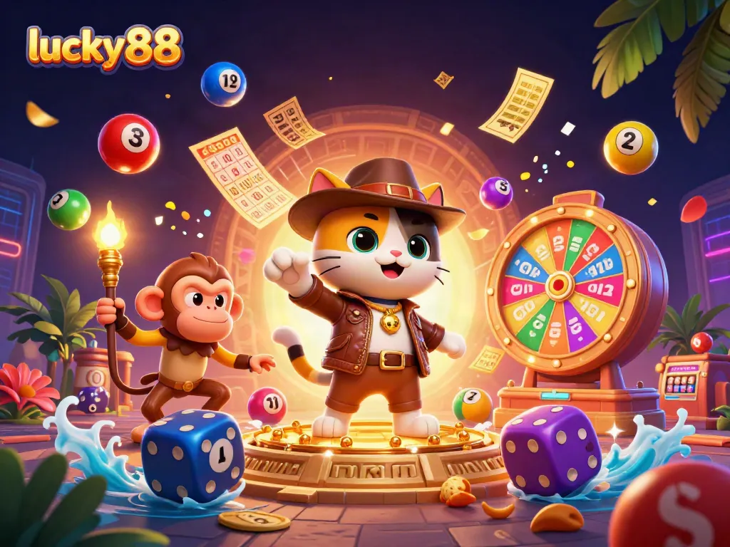 Experience exciting gameplay with lucky88 as an archaeologist cat uncovers golden casino treasures in a vibrant scene.