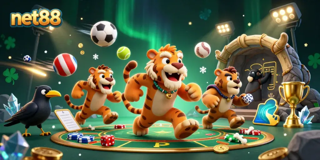 Experience thrilling betting action with net88 in a vibrant prehistoric casino setting filled with sports excitement.