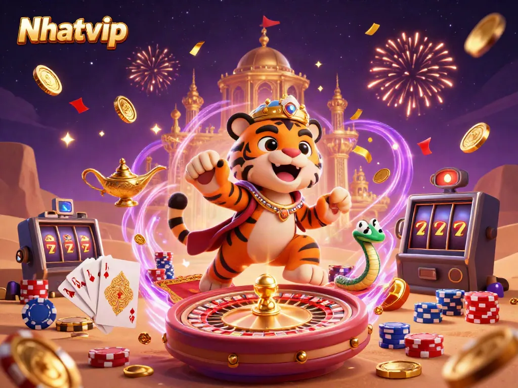 Nhatvip showcases a festive Arabian-themed casino scene with a sultan character surrounded by symbols of wealth and magic.