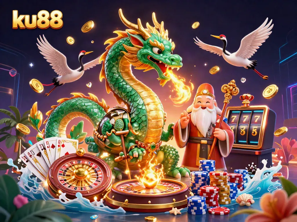 Experience energetic gameplay with ku88 featuring a jade dragon, turtle sage, and lucky cranes in a vibrant casino scene.