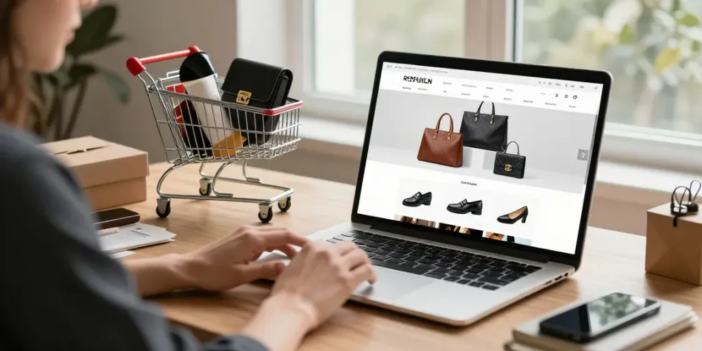 Online shopping scene at a premium replica shop showcasing designer bags and shoes.