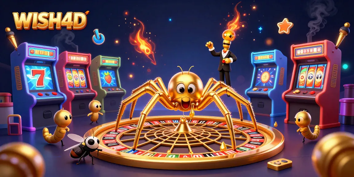 Engage with WISH4D's thrilling jackpots as a fly bets nervously in a vibrant casino scene.