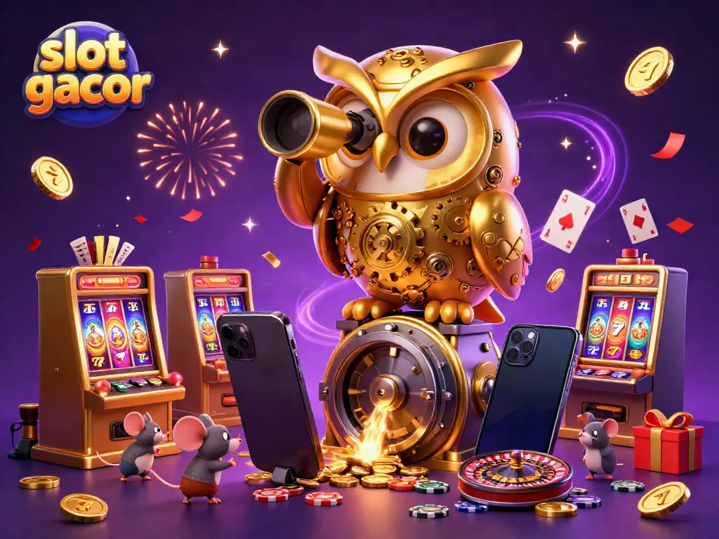 Experience the vibrant slot gacor casino scene with a golden owl and energetic gaming elements.